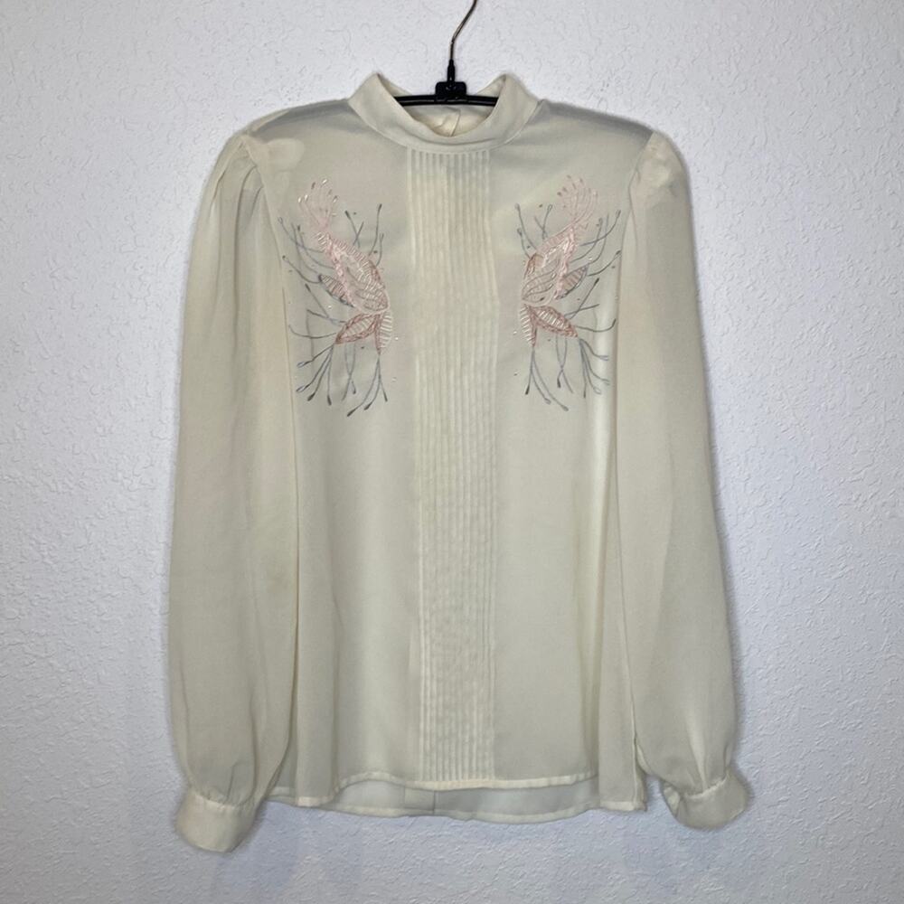 Lloyd Williams Vintage Sheer Hand Floral Embroidered Blouse Pleated Cream Sz Lg